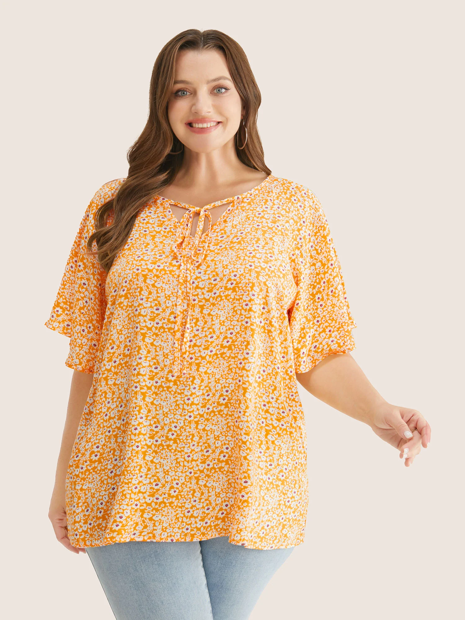 Ditsy Floral Ruffle Sleeve Tie Neck Blouse - Image 23