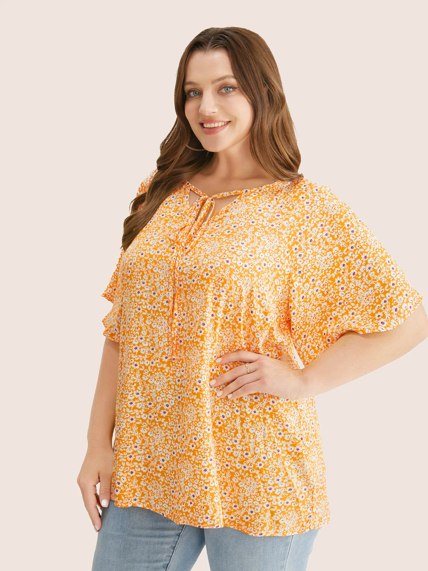 Ditsy Floral Ruffle Sleeve Tie Neck Blouse - Image 24