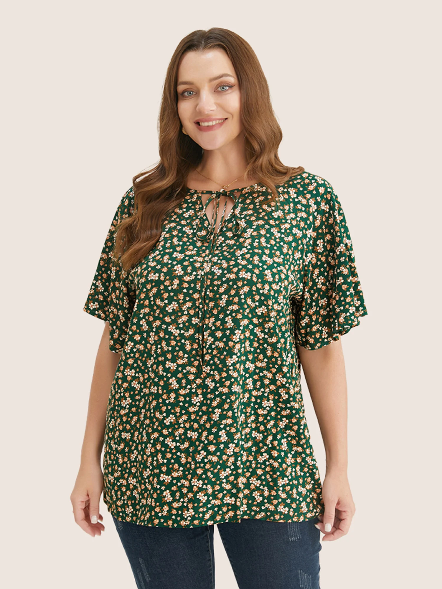 Ditsy Floral Ruffle Sleeve Tie Neck Blouse - Image 3