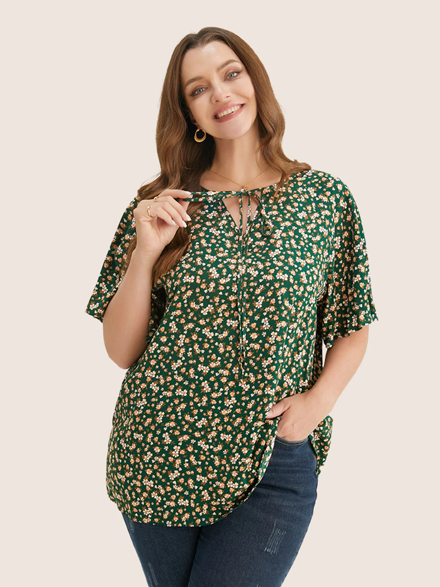 Ditsy Floral Ruffle Sleeve Tie Neck Blouse - Image 4