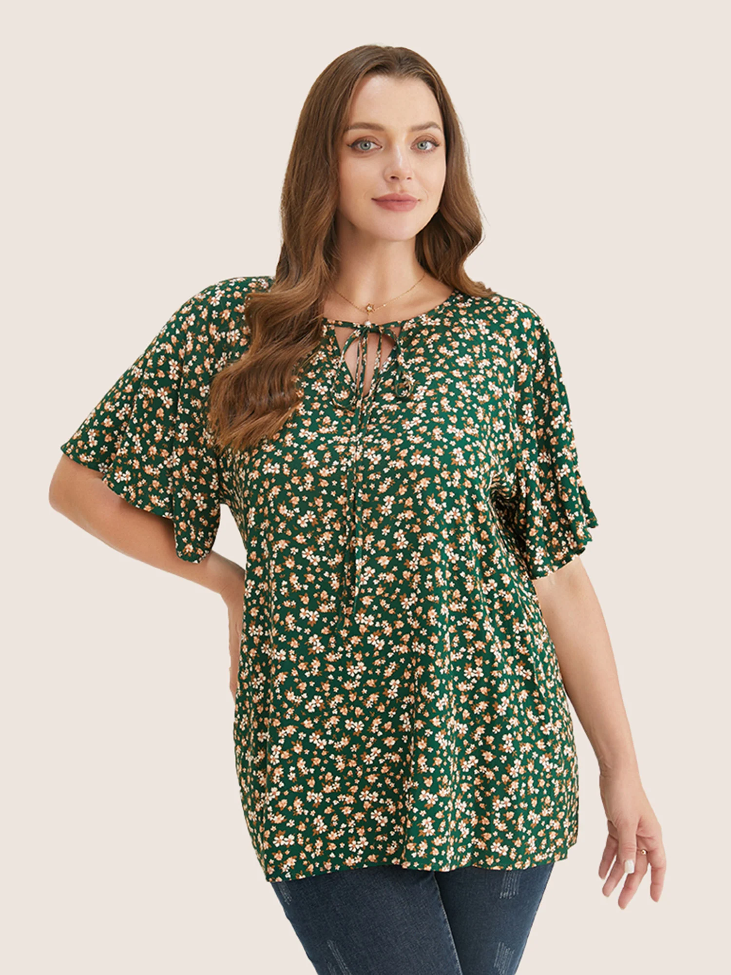 Ditsy Floral Ruffle Sleeve Tie Neck Blouse - Image 6
