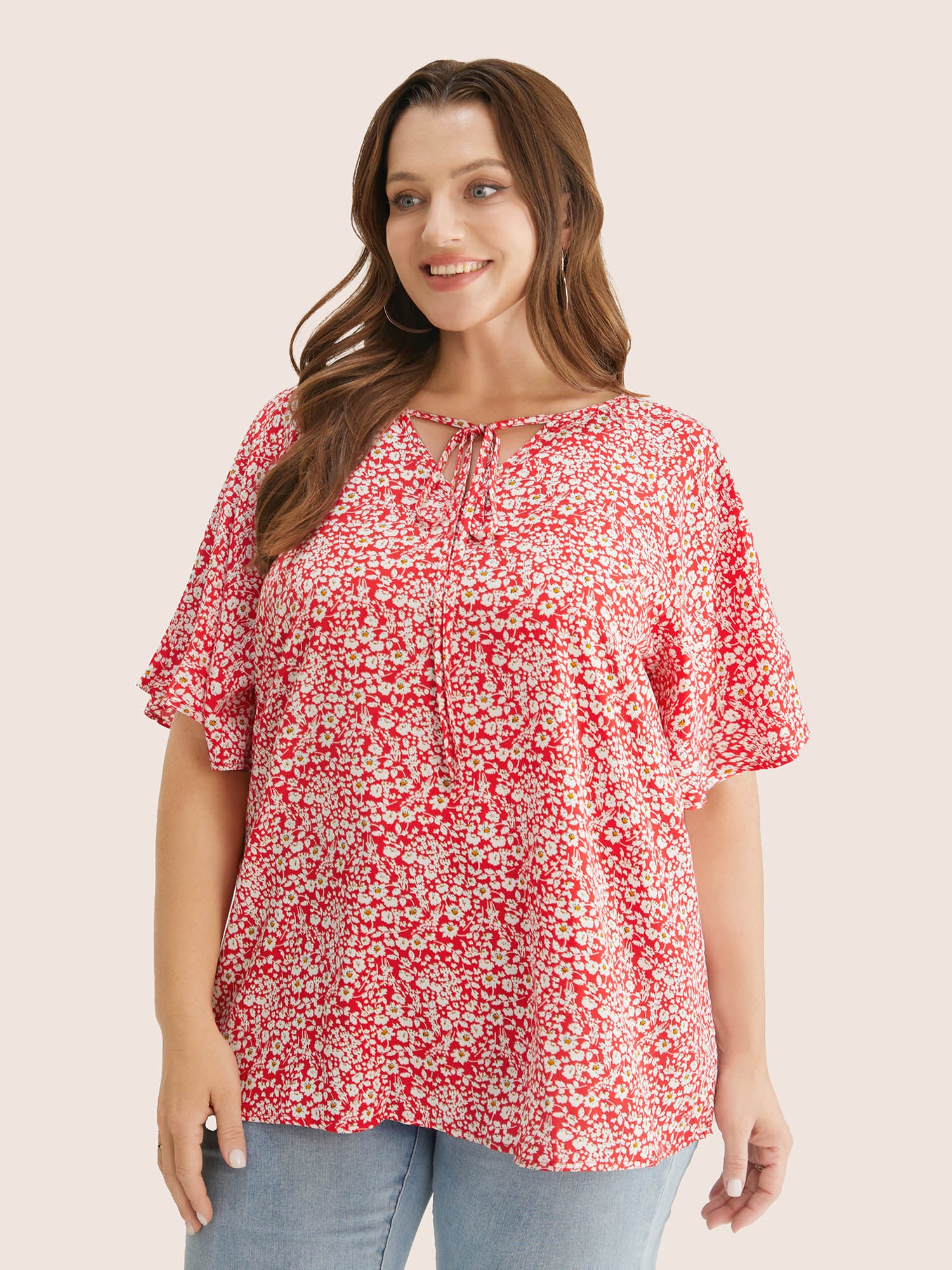 Ditsy Floral Ruffle Sleeve Tie Neck Blouse - Image 7