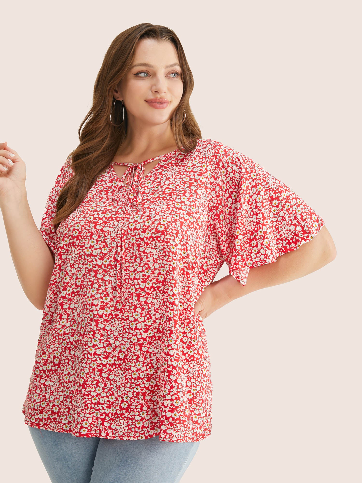 Ditsy Floral Ruffle Sleeve Tie Neck Blouse - Image 8