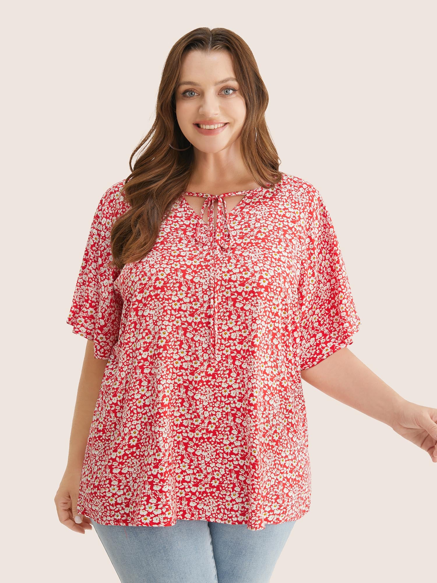 Ditsy Floral Ruffle Sleeve Tie Neck Blouse - Image 9