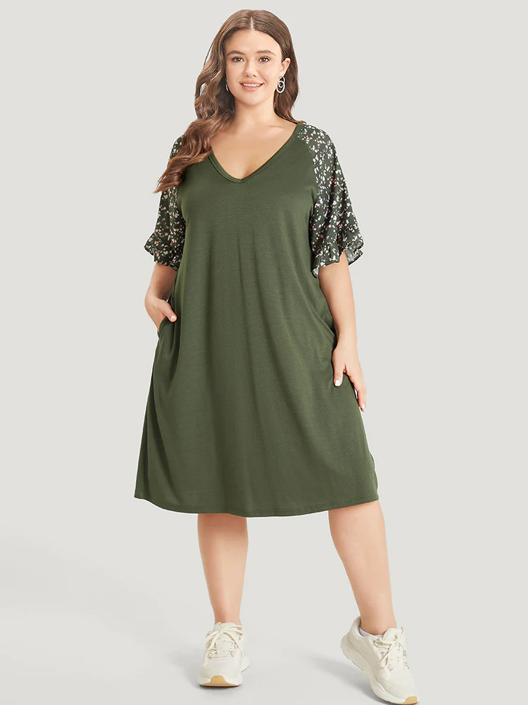 Ditsy Floral Ruffle Trim Raglan Sleeve Pocket Dress - Image 2