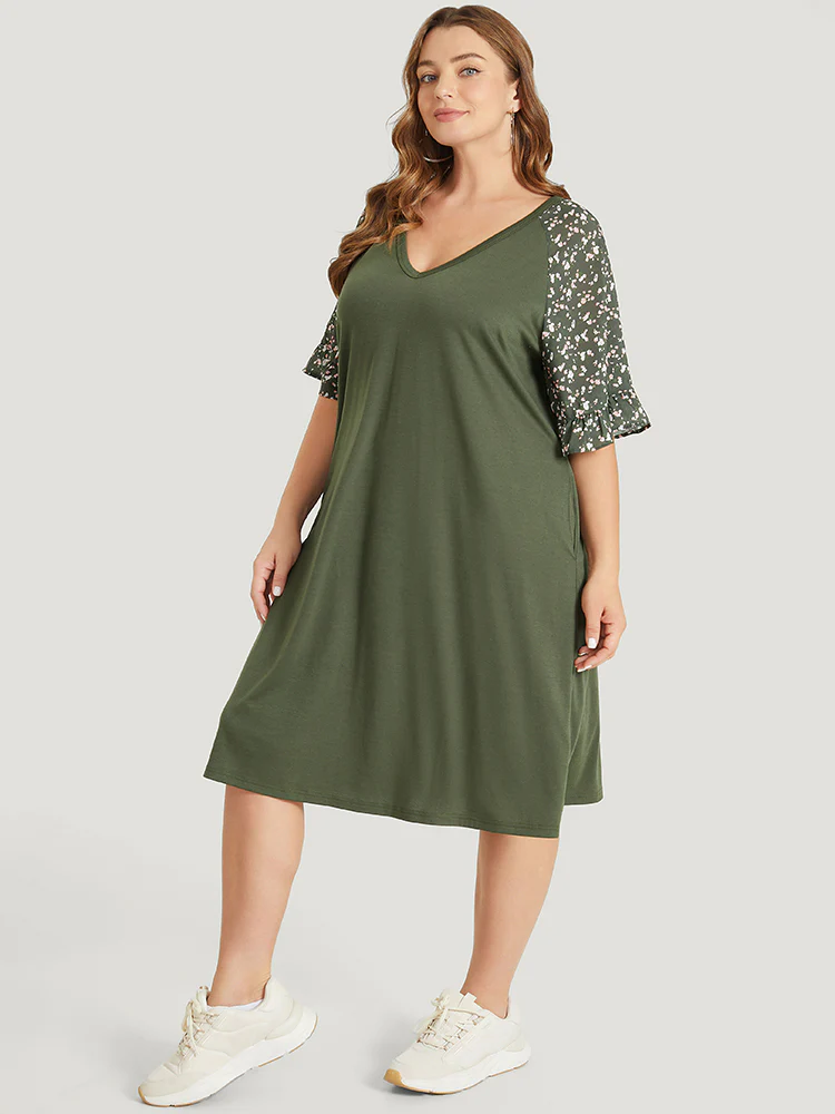 Ditsy Floral Ruffle Trim Raglan Sleeve Pocket Dress - Image 4