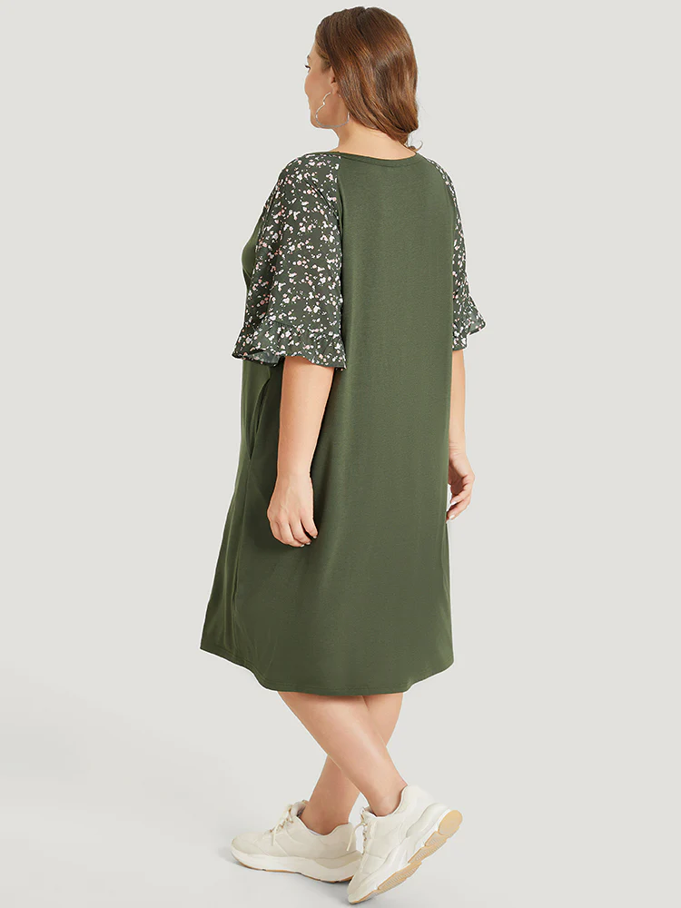 Ditsy Floral Ruffle Trim Raglan Sleeve Pocket Dress - Image 5
