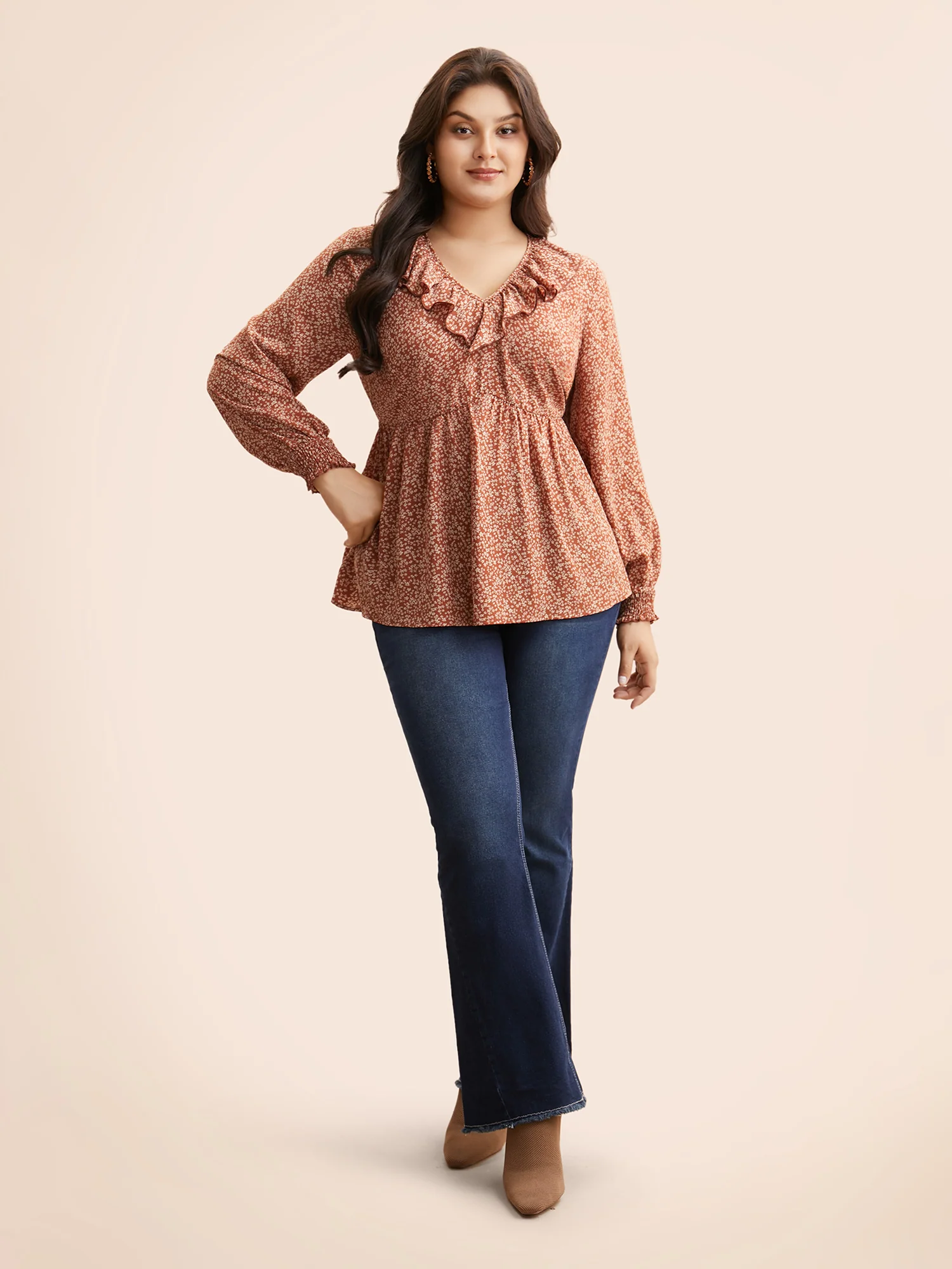 Ditsy Floral Ruffle Trim Shirred Blouse - Image 2