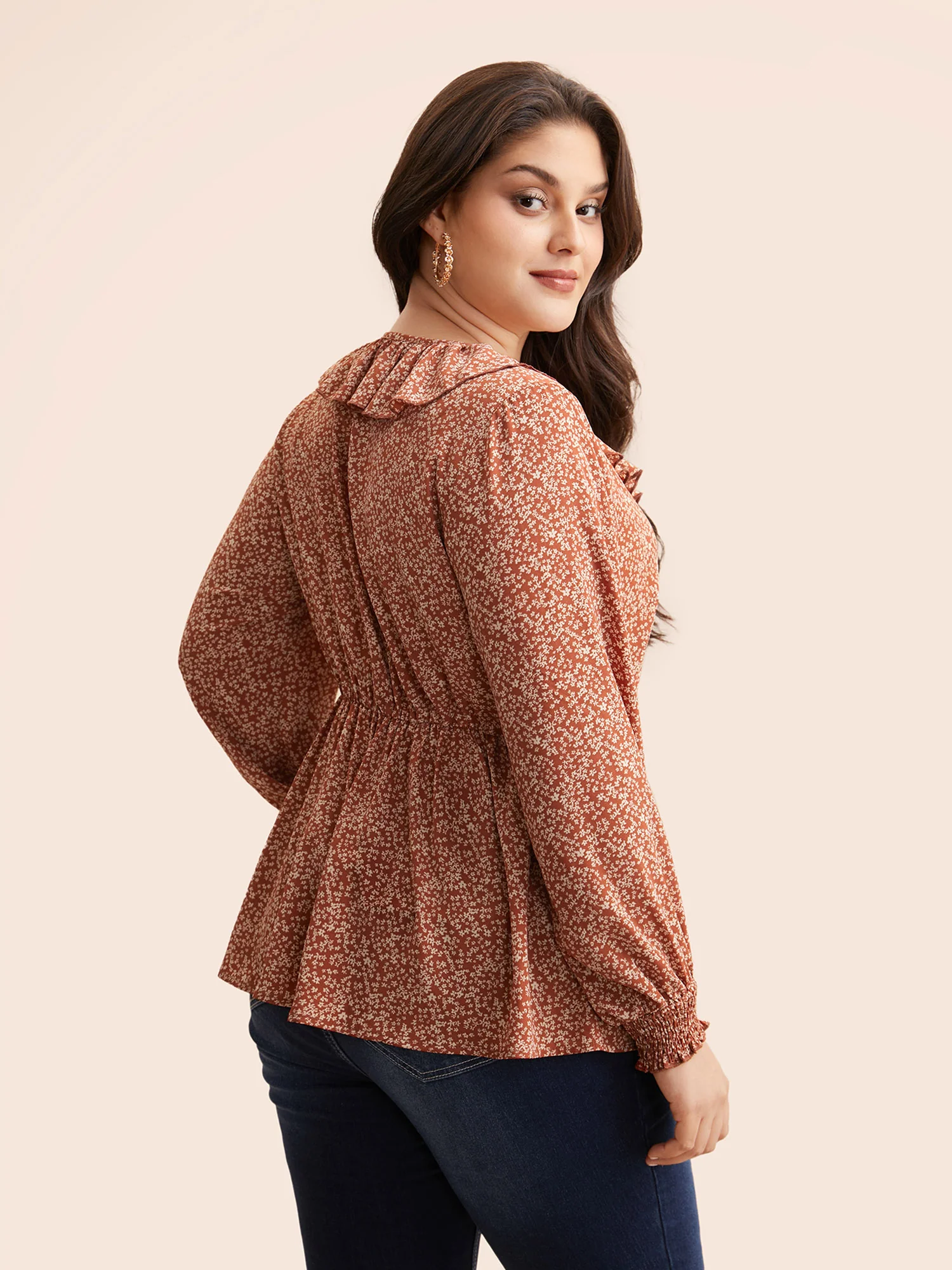 Ditsy Floral Ruffle Trim Shirred Blouse - Image 4