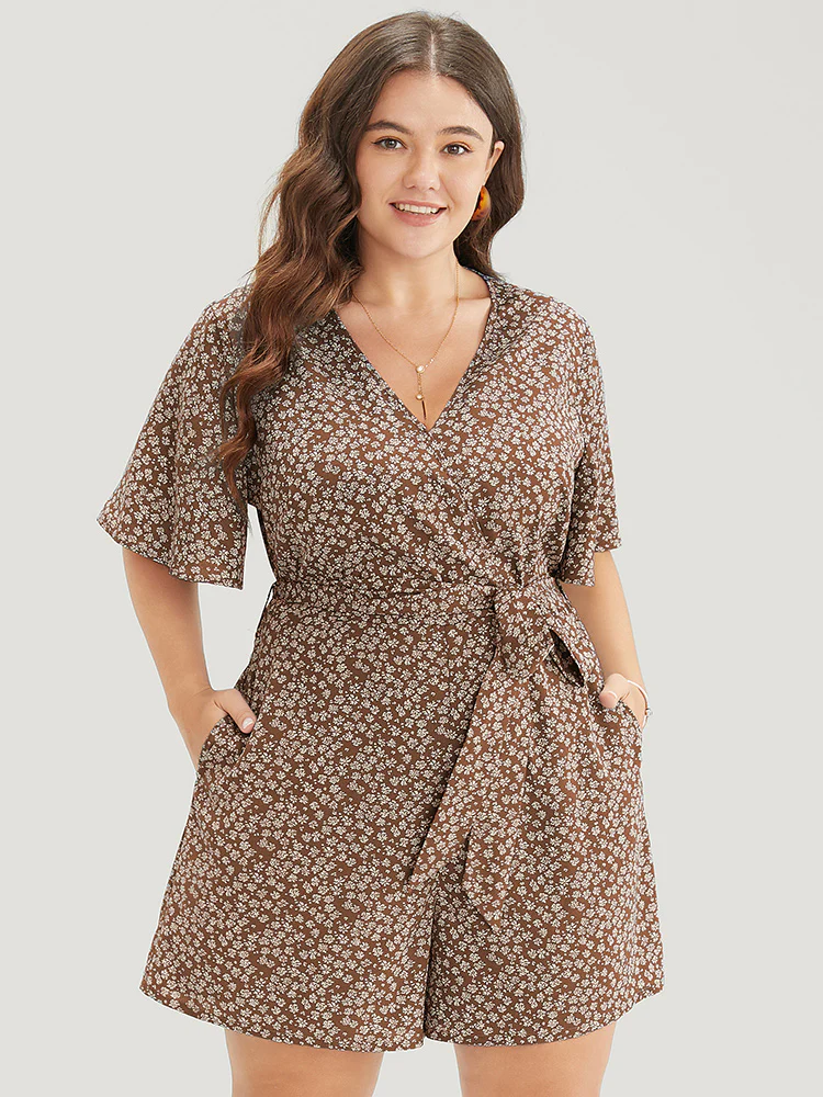 Ditsy Floral Ruffle Wrap Pocket Belted Romper - Image 2