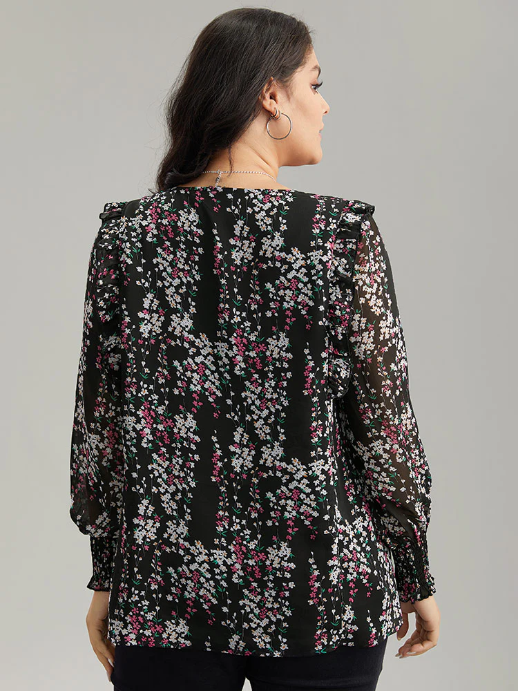 Ditsy Floral Chiffon Ruffles Shirred Pleated Mesh Blouse - Image 2
