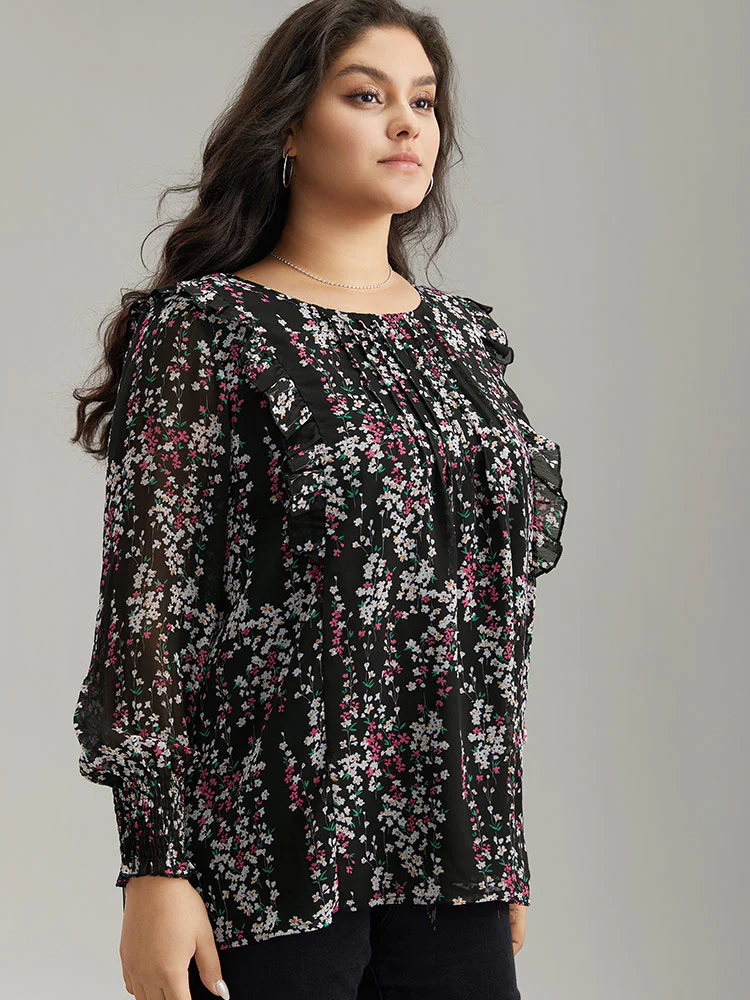 Ditsy Floral Chiffon Ruffles Shirred Pleated Mesh Blouse - Image 3