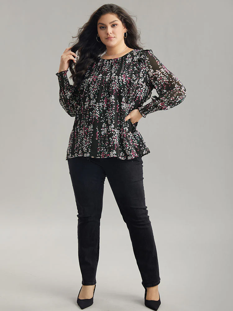 Ditsy Floral Chiffon Ruffles Shirred Pleated Mesh Blouse - Image 4