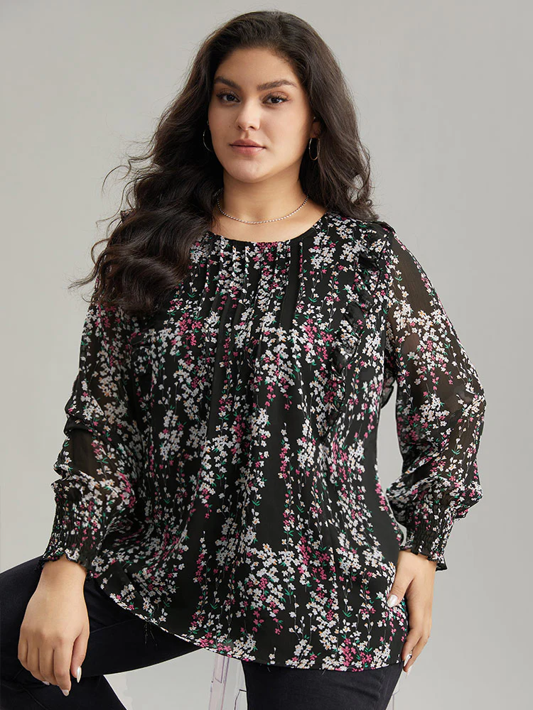 Ditsy Floral Chiffon Ruffles Shirred Pleated Mesh Blouse - Image 5
