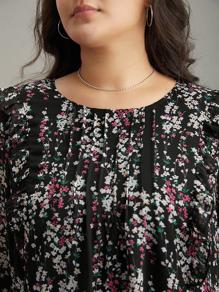 Ditsy Floral Chiffon Ruffles Shirred Pleated Mesh Blouse - Image 6