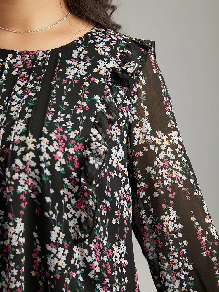 Ditsy Floral Chiffon Ruffles Shirred Pleated Mesh Blouse - Image 7