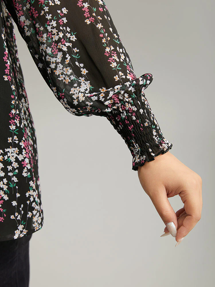 Ditsy Floral Chiffon Ruffles Shirred Pleated Mesh Blouse - Image 8