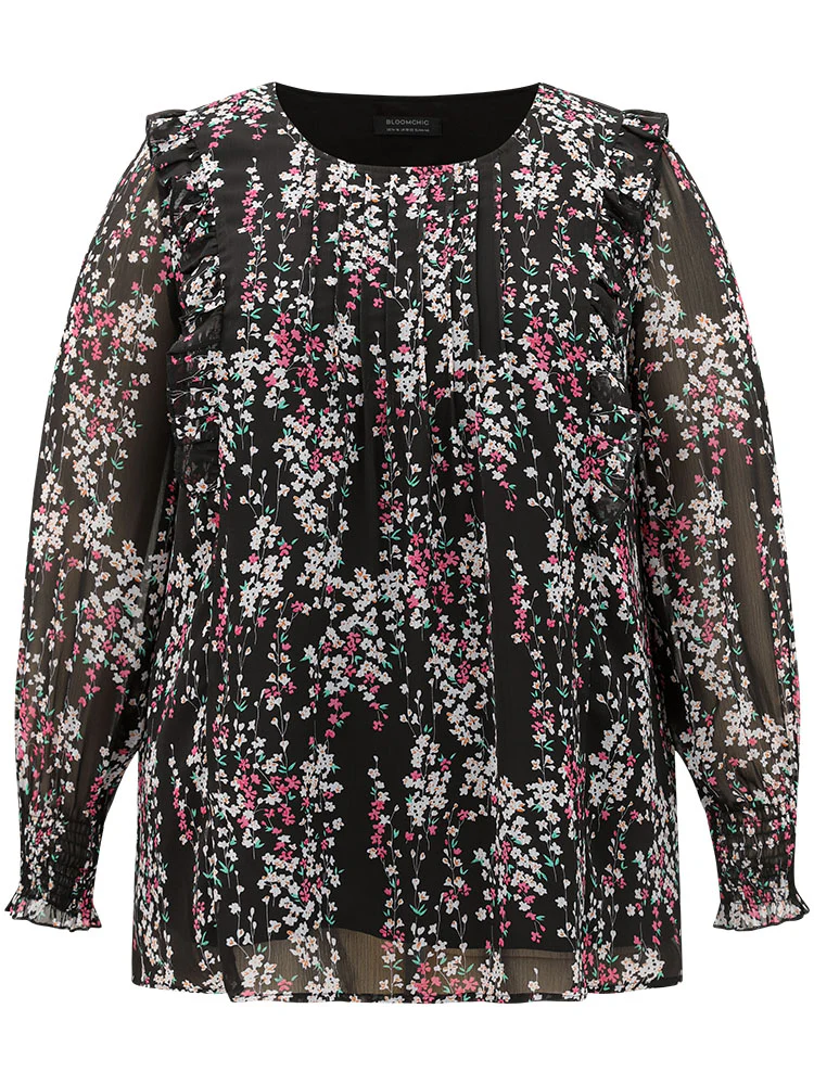 Ditsy Floral Chiffon Ruffles Shirred Pleated Mesh Blouse - Image 9