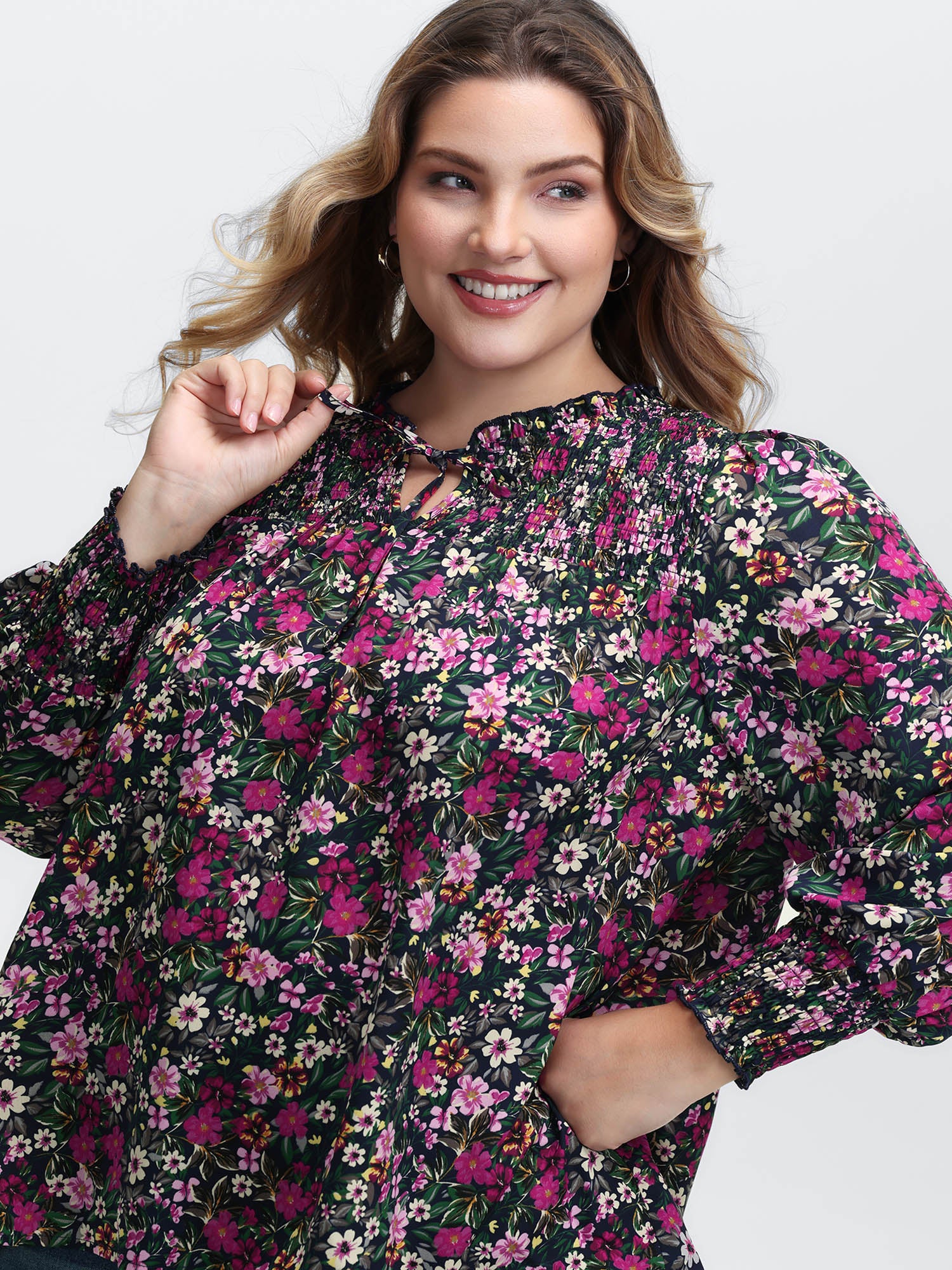 Ditsy Floral Shirred Neck Tie Blouse - Image 2