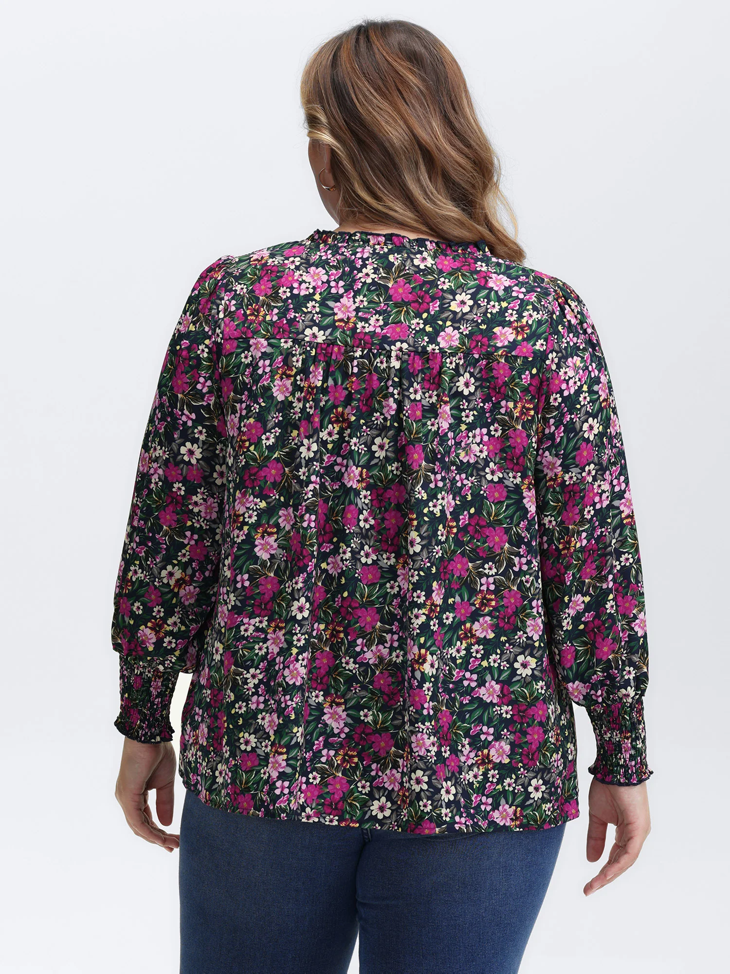 Ditsy Floral Shirred Neck Tie Blouse - Image 4