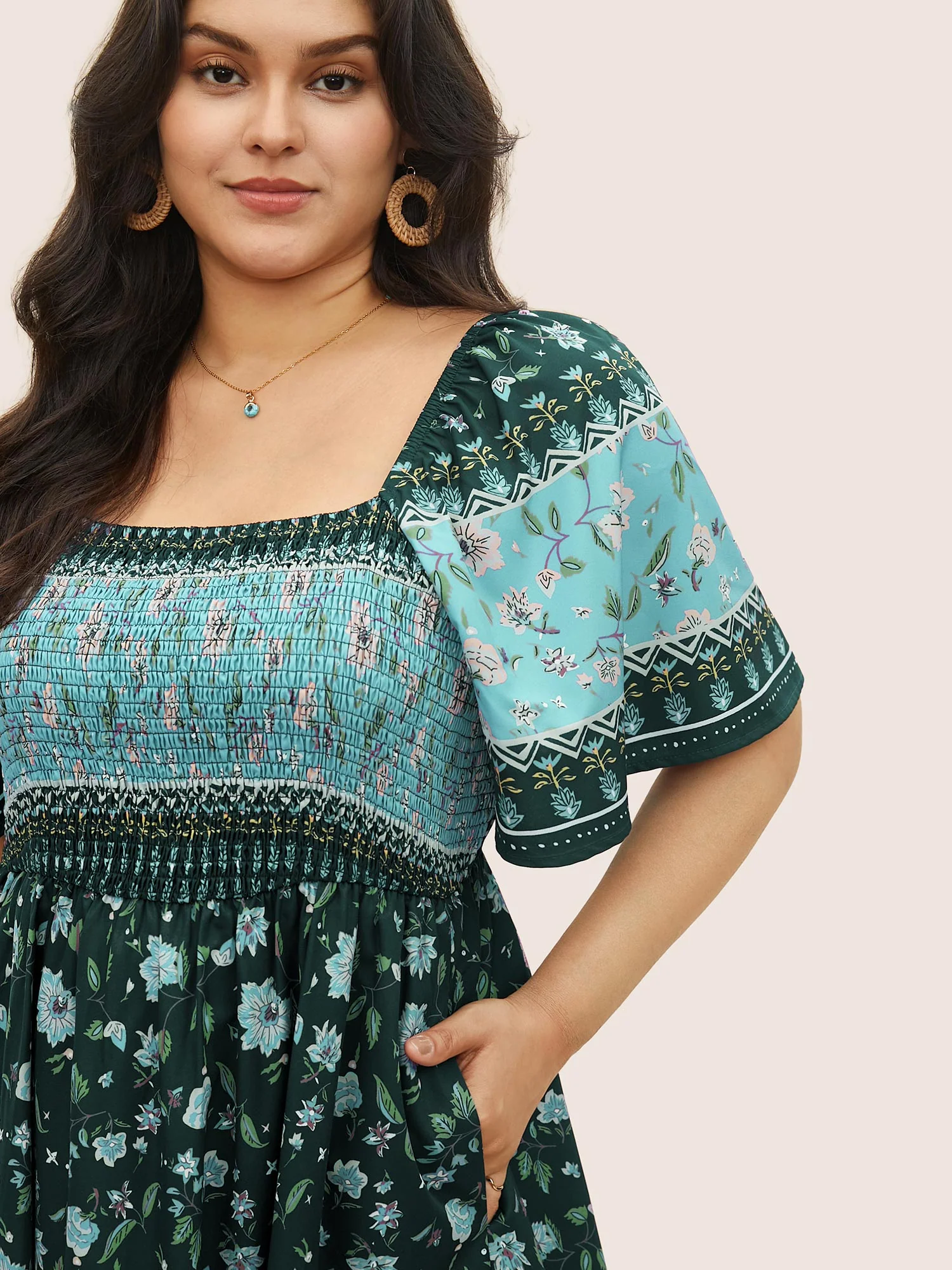 Ditsy Floral Shirred Patchwork Ruffle Sleeve Dress - Image 11