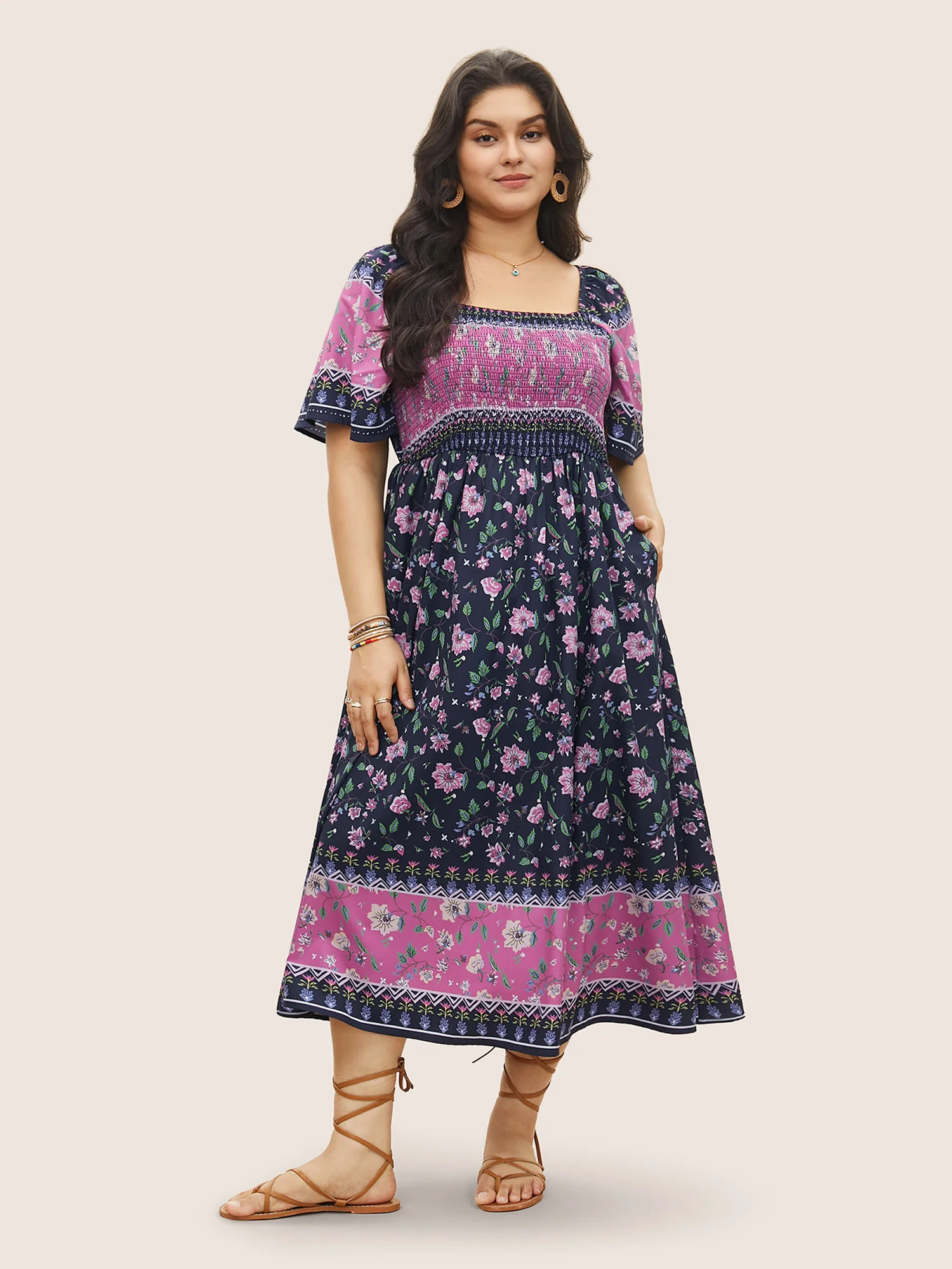 Ditsy Floral Shirred Patchwork Ruffle Sleeve Dress - Image 2