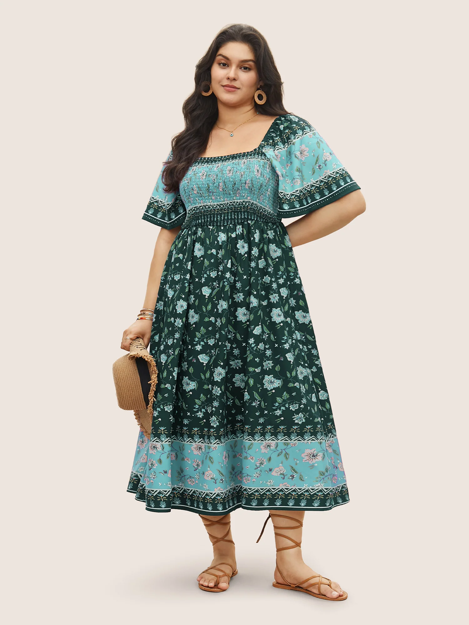 Ditsy Floral Shirred Patchwork Ruffle Sleeve Dress - Image 8