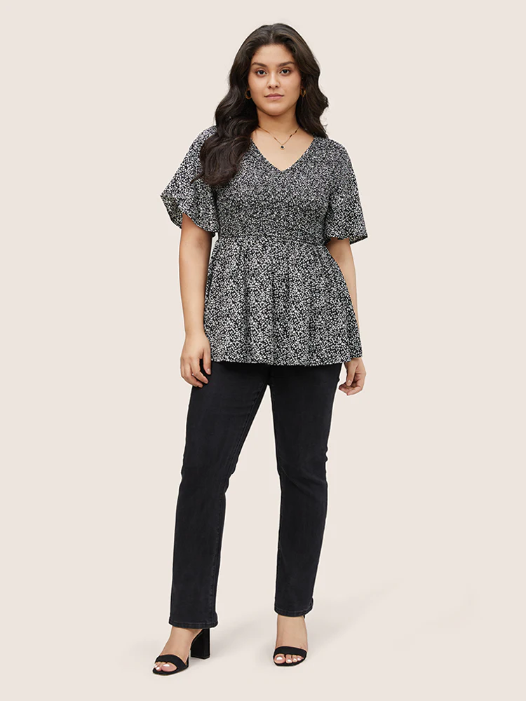 Ditsy Floral Shirred Ruffle Sleeve Elastic Waist Blouse - Image 10