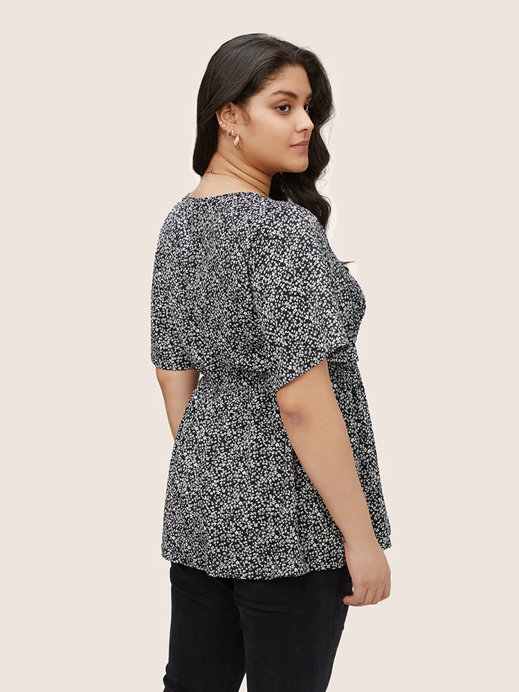 Ditsy Floral Shirred Ruffle Sleeve Elastic Waist Blouse - Image 12