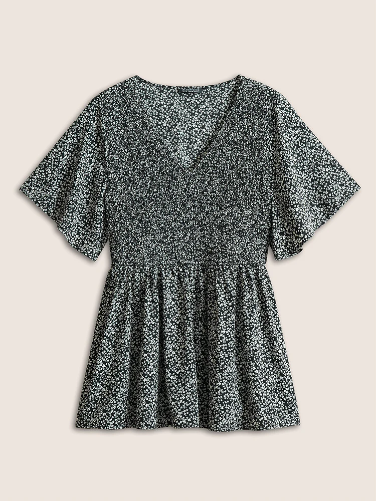 Ditsy Floral Shirred Ruffle Sleeve Elastic Waist Blouse - Image 15