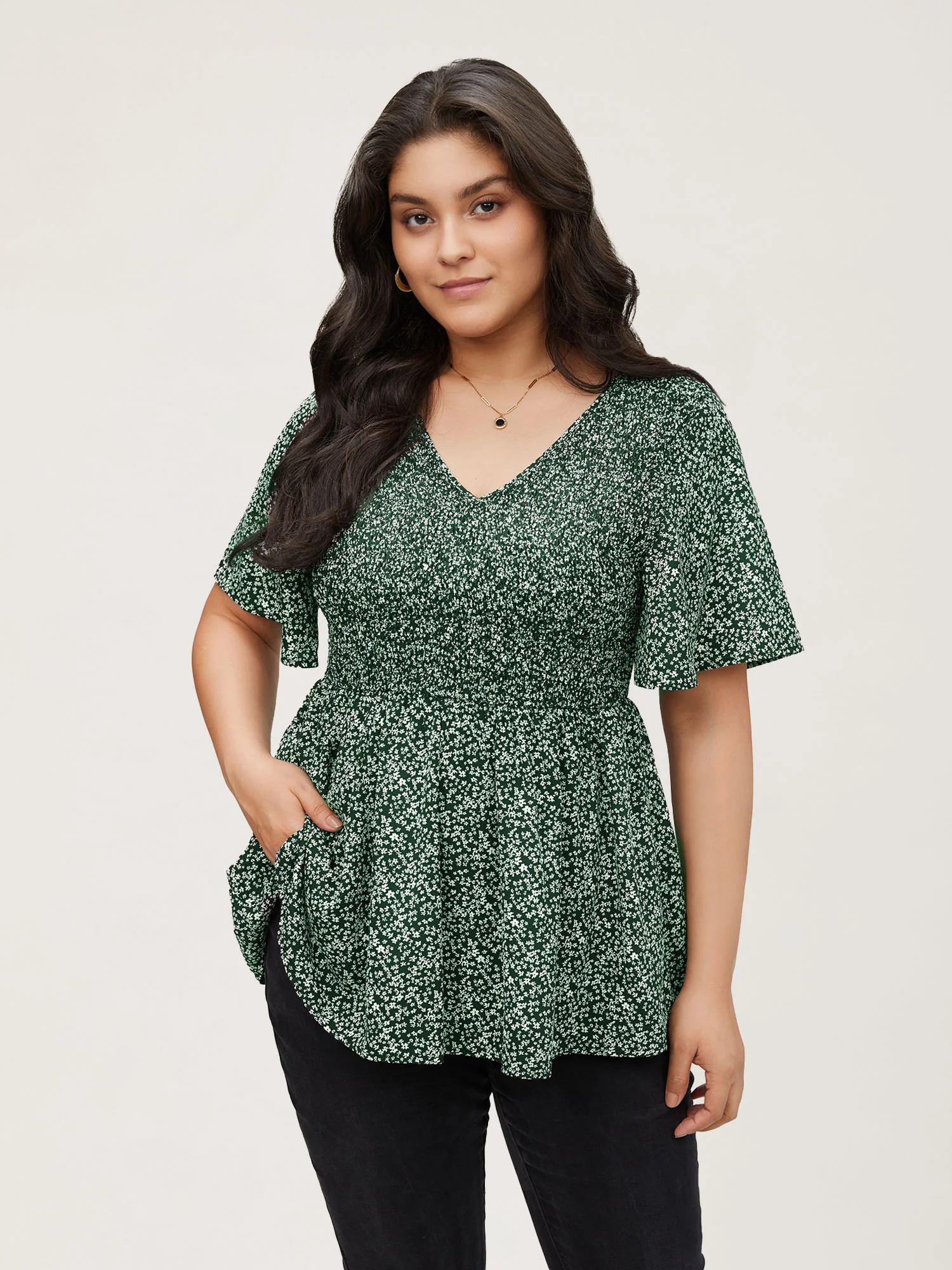 Ditsy Floral Shirred Ruffle Sleeve Elastic Waist Blouse - Image 16