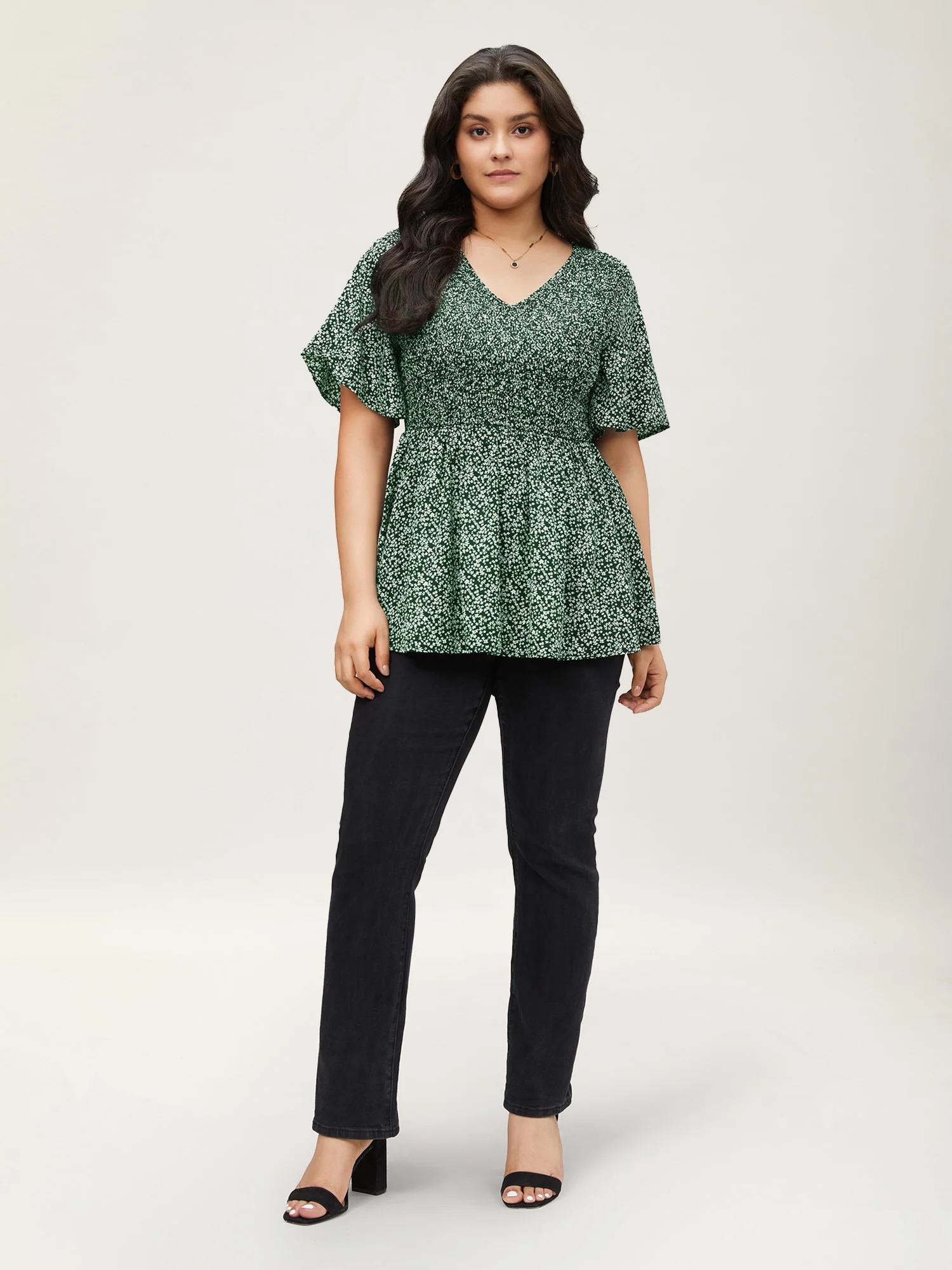 Ditsy Floral Shirred Ruffle Sleeve Elastic Waist Blouse - Image 2