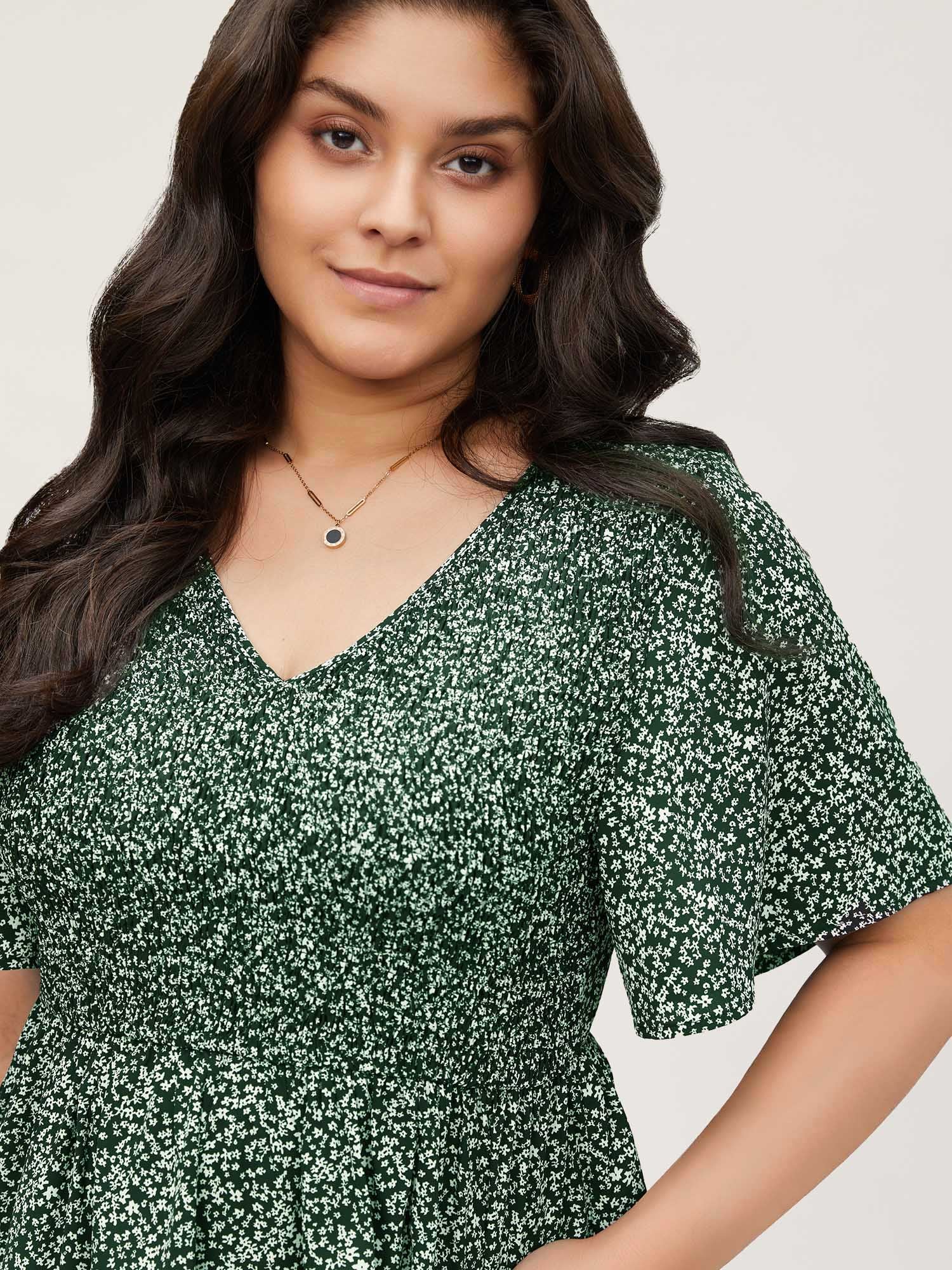 Ditsy Floral Shirred Ruffle Sleeve Elastic Waist Blouse - Image 3