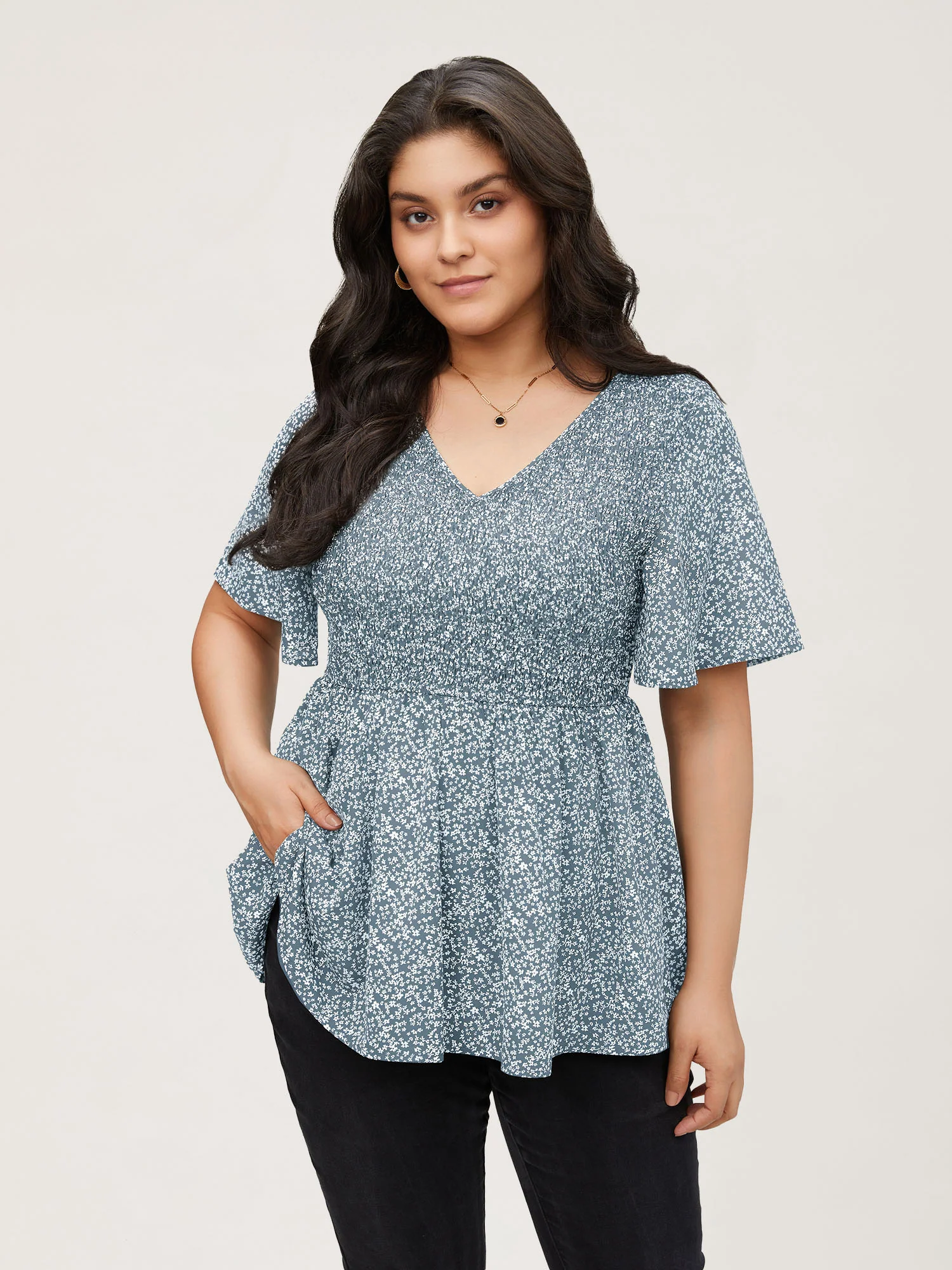 Ditsy Floral Shirred Ruffle Sleeve Elastic Waist Blouse - Image 5