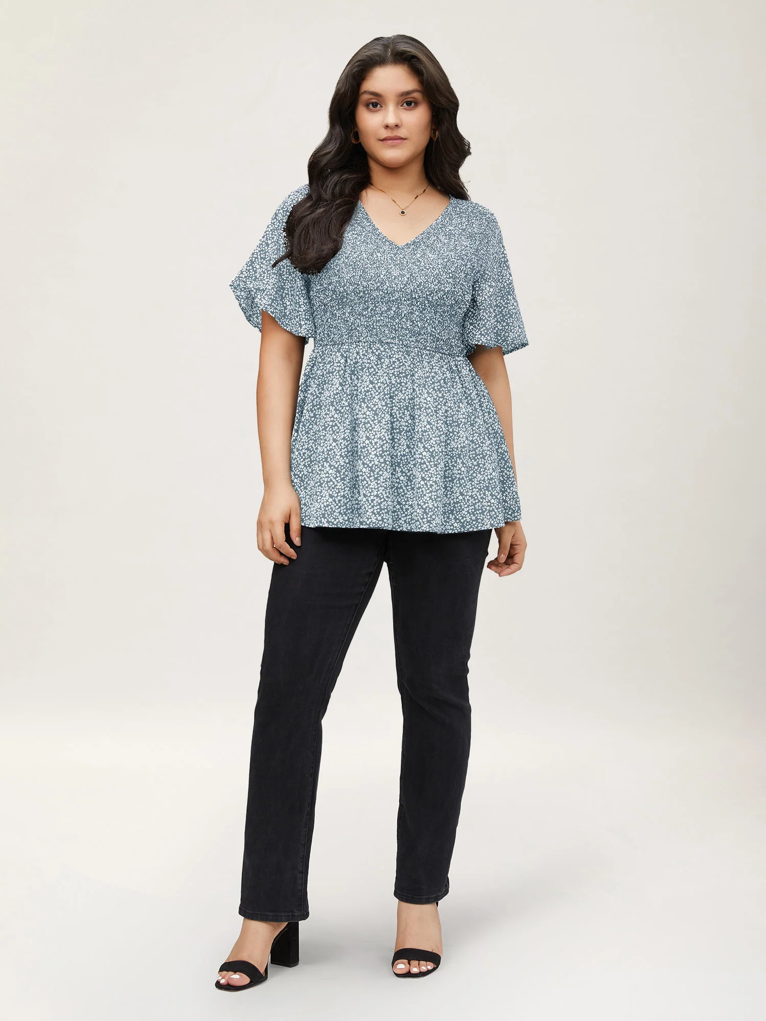Ditsy Floral Shirred Ruffle Sleeve Elastic Waist Blouse - Image 6
