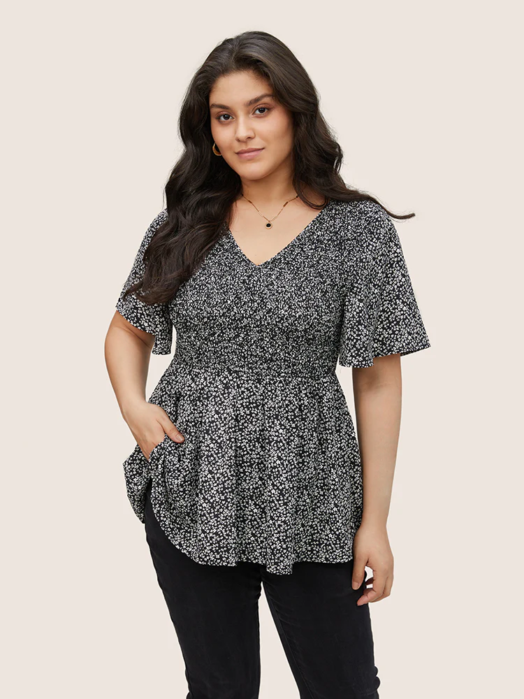 Ditsy Floral Shirred Ruffle Sleeve Elastic Waist Blouse - Image 9