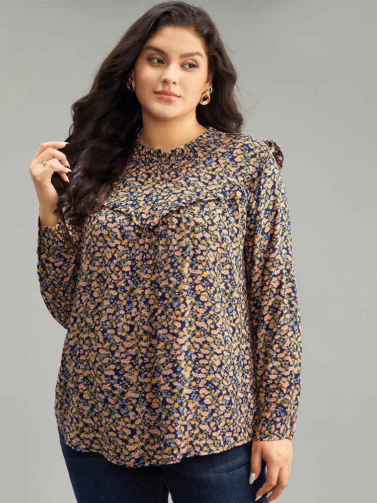Ditsy Floral Shirred Ruffle Trim Blouse - Image 2