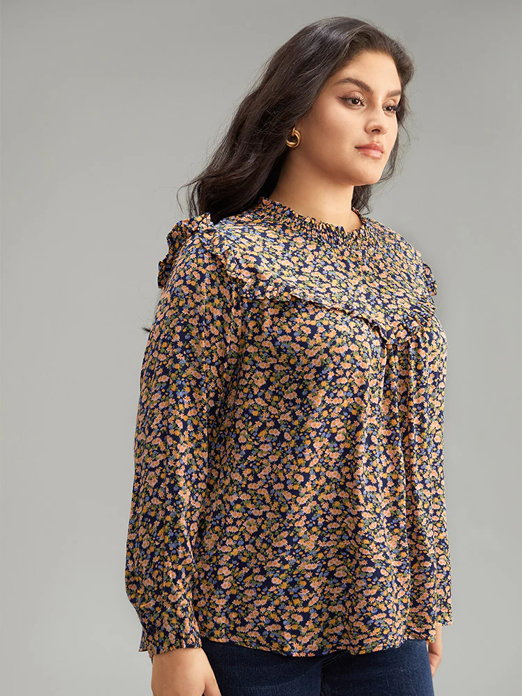 Ditsy Floral Shirred Ruffle Trim Blouse - Image 3