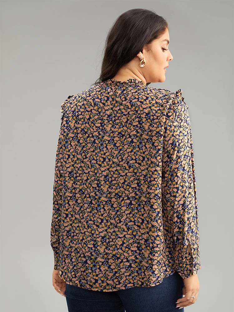 Ditsy Floral Shirred Ruffle Trim Blouse - Image 5