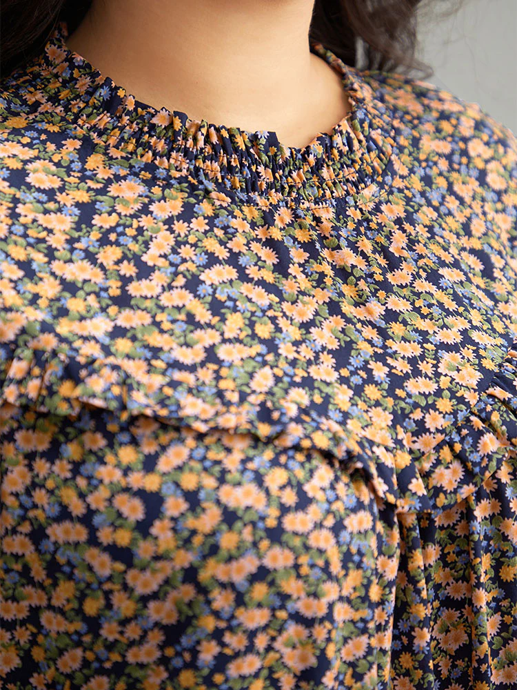 Ditsy Floral Shirred Ruffle Trim Blouse - Image 6