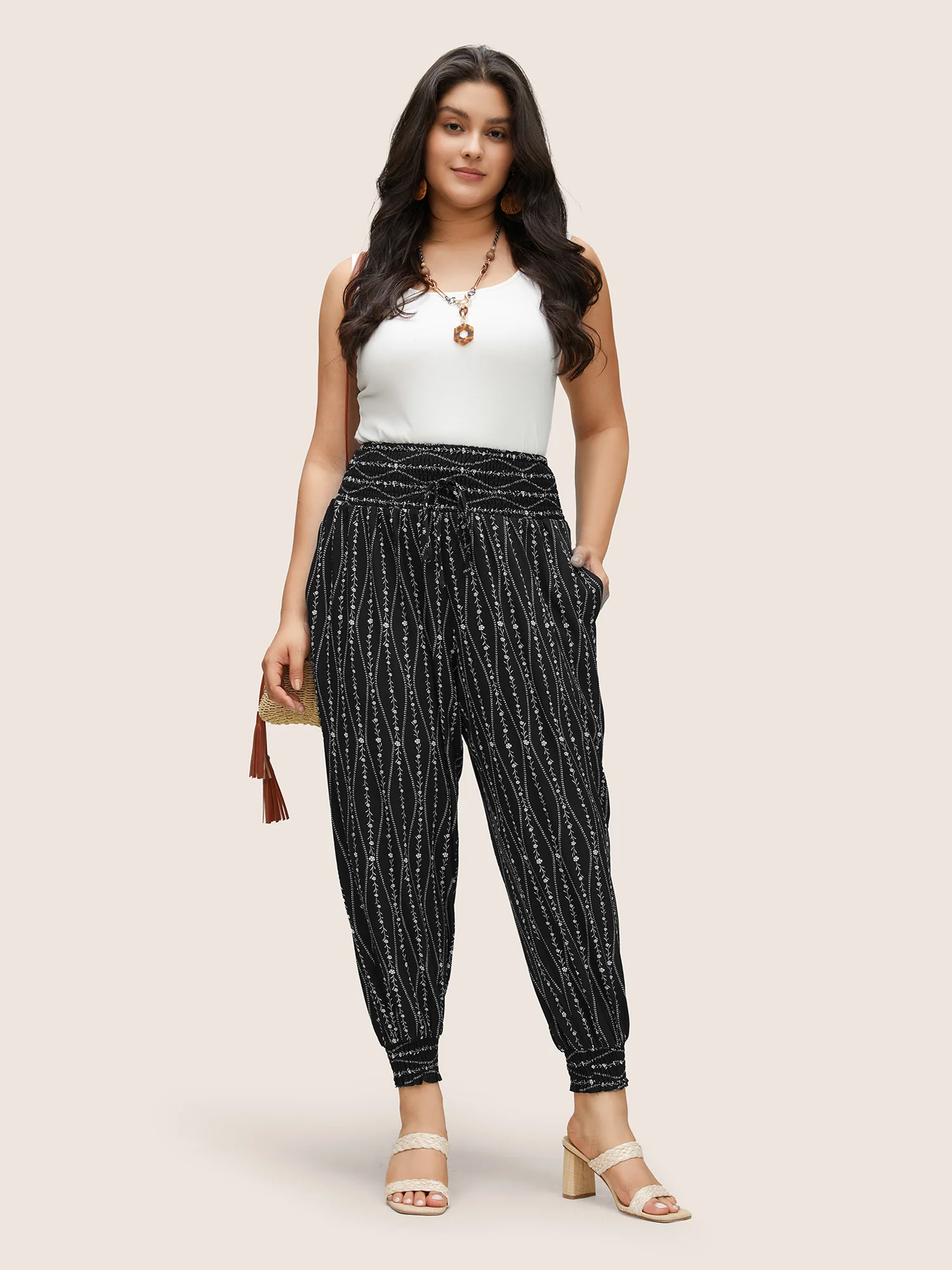 Ditsy Floral Shirred Ties High Rise Harem Pants - Image 3