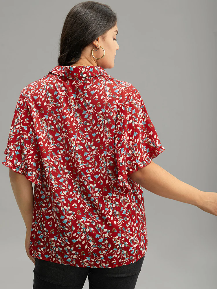 Ditsy Floral Shirt Collar Button Through Ruffle Sleeve Blouse - Image 2