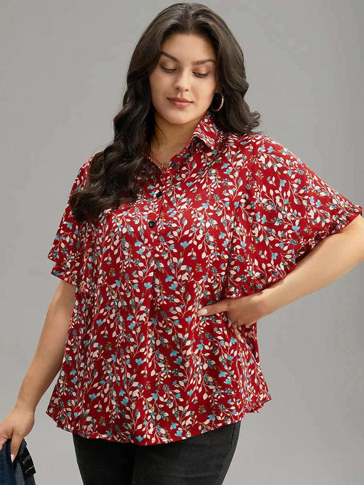Ditsy Floral Shirt Collar Button Through Ruffle Sleeve Blouse - Image 3