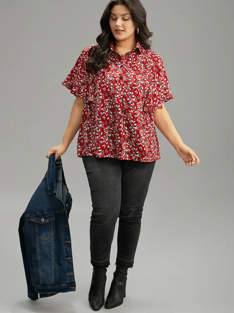 Ditsy Floral Shirt Collar Button Through Ruffle Sleeve Blouse - Image 4
