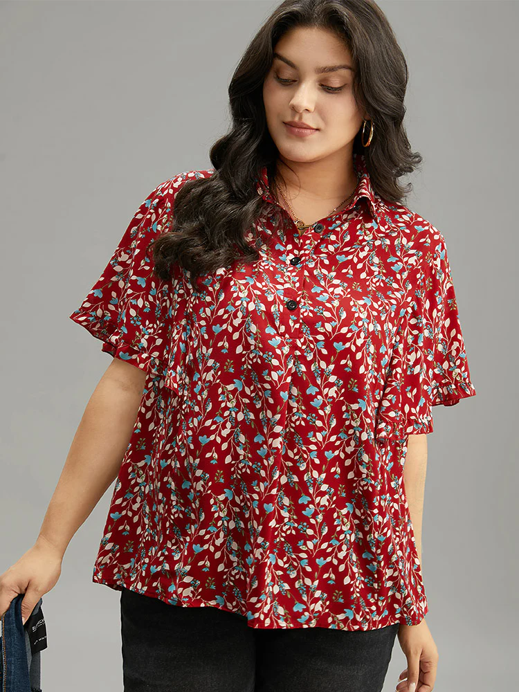 Ditsy Floral Shirt Collar Button Through Ruffle Sleeve Blouse - Image 5