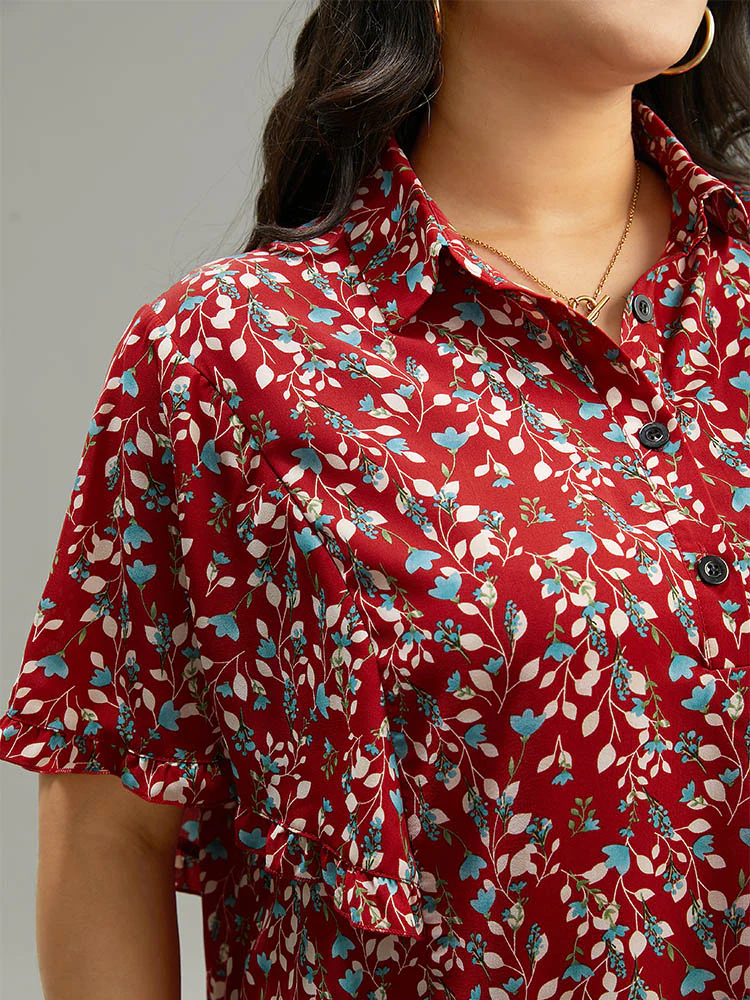 Ditsy Floral Shirt Collar Button Through Ruffle Sleeve Blouse - Image 6