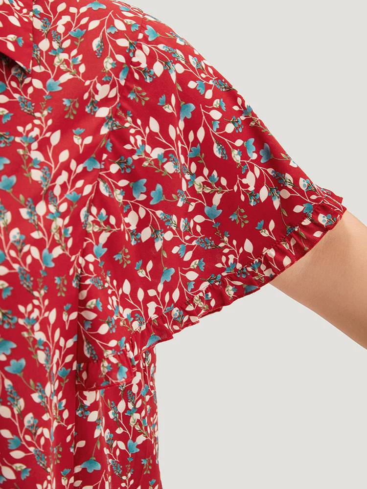 Ditsy Floral Shirt Collar Button Through Ruffle Sleeve Blouse - Image 7
