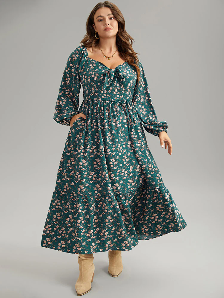 Ditsy Floral Square Neck Elastic Waist Ties Dress - Image 2