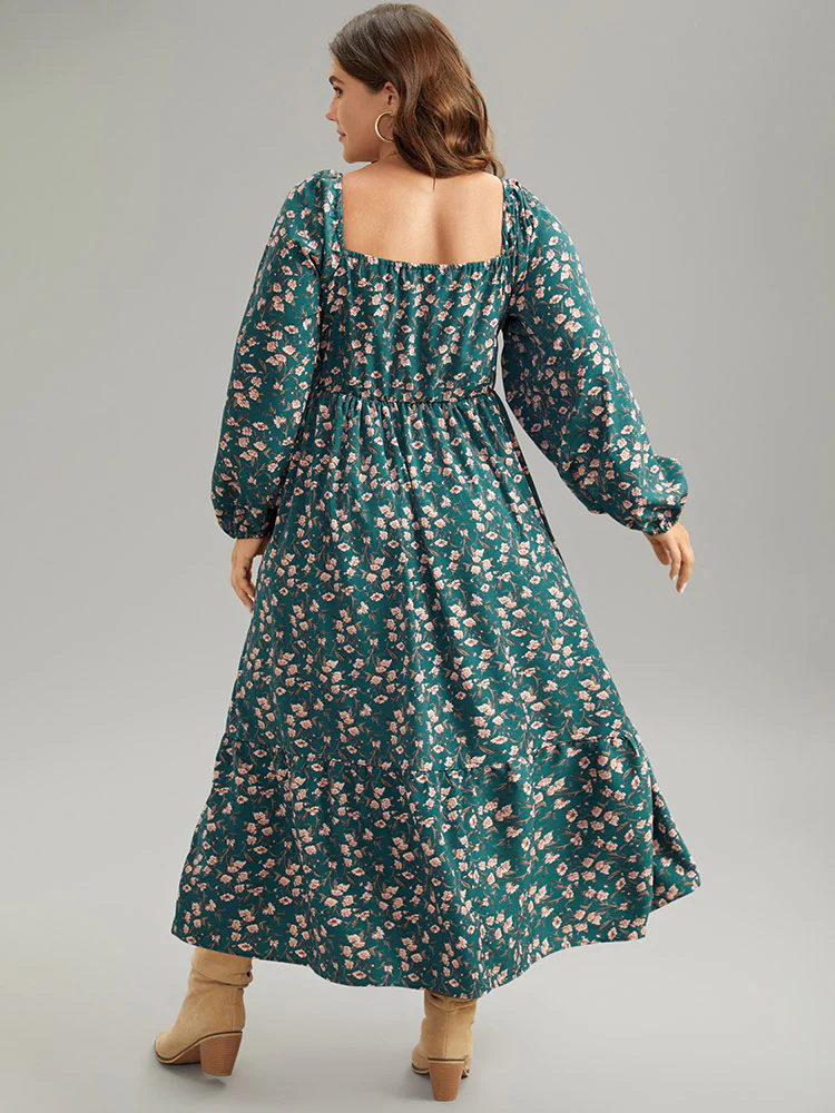 Ditsy Floral Square Neck Elastic Waist Ties Dress - Image 3