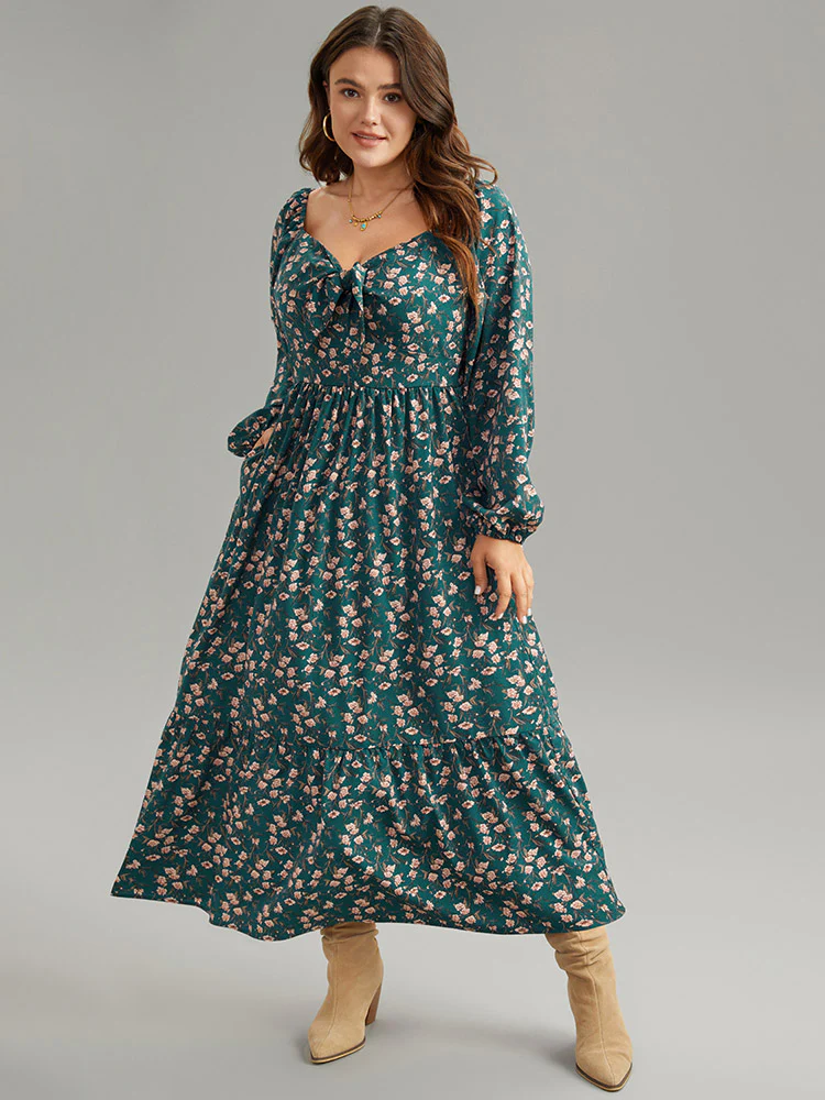 Ditsy Floral Square Neck Elastic Waist Ties Dress - Image 4